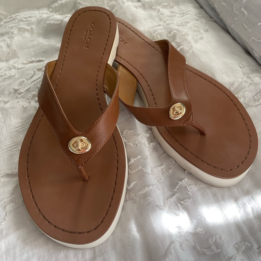 Coach Shelly Turnlock Saddle Brown Leather Flip Flop Sandals